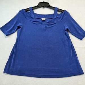 Chicos Travelers Blue Cold Shoulder V Neck 3/4 Sleeve Tunic Top Size 1